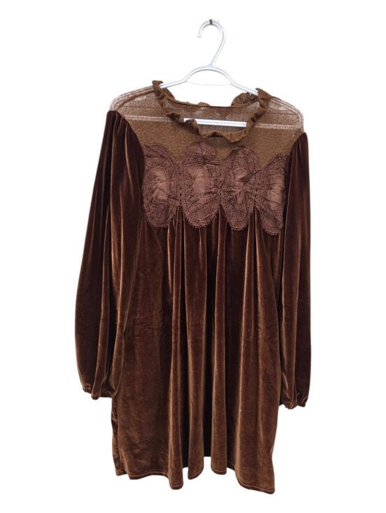 Amazon Dresses & Skirts - Brown Stretch Velvet Lace Yoke Mini Dress Medium